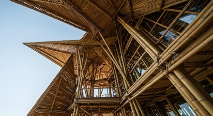 Fototapeta premium A tilted low-angle composition of modern bamboo architecture 