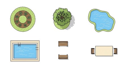 Overhead view garden elements pools and furniture icons