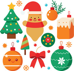 Vector art of a vibrant composition of christmas symbols including a gingerbread man, a christmas tree, festive baubles, a gift, and decorative elements, all isolated on a