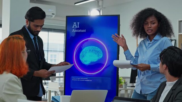Multiethnic business professionals collaborate in modern office using AI virtual assistant and big data analytics to connect insights, driving strategic innovation through intelligent automation