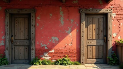 Rustic Wooden Doors Flanked by Weathered Brick and Plaster Wall with Lush Greenery