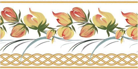 Floral vector seamless border pattern from golden wicker frieze and yellow flowers on a white background