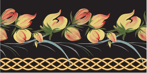 Floral vector seamless border pattern from golden wicker frieze and yellow flowers on a black background