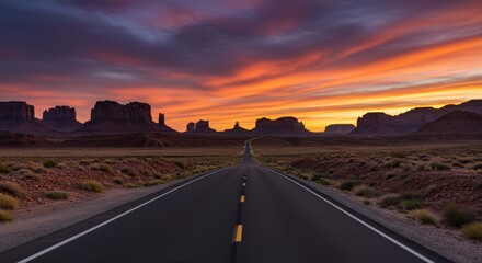 Road leading through desert landscape with sunset sky scenic long exposure view travel