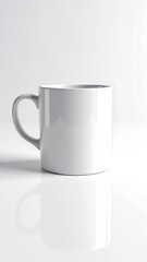 Obraz premium Blank white mug, glossy surface, simple design, reflecting on white surface