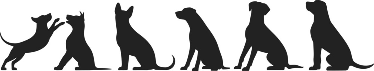 PrintDog silhouette collection, sitting dog poses, leaping dog illustration, pet animal posture, black dog outline, domestic canine vector art design