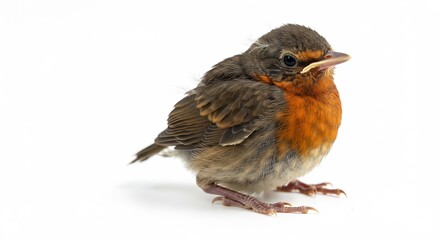 明るい光の中でふわふわの幼いひな鳥が白い背景にちょこんと立つ愛らしい姿. AI Generated