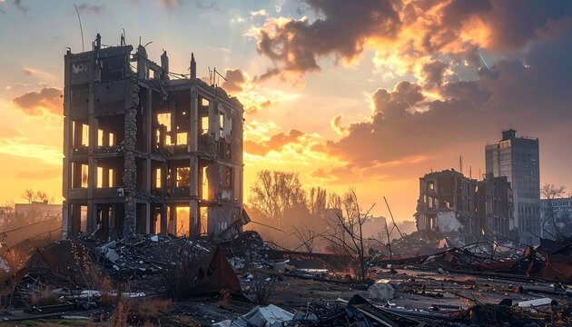 Ruined cityscape at sunset - Powered by Adobe