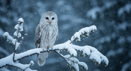 雪が舞い降る極寒の森で雪化粧した枝に白いフクロウが静かに佇み澄んだ瞳で冬の神秘的な美しさを映している. AI Generated