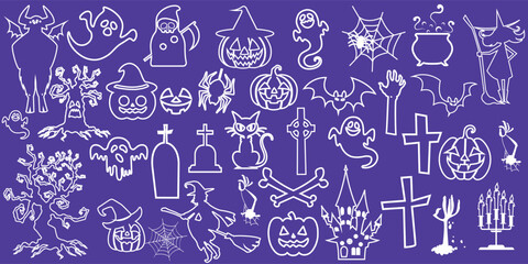 Hand drawn Halloween party icon doodle vector with spooky pumpkin, ghost, bat, witch, cat, crosse, haunted tree, spider web, and graveyard element, perfect for party design, decor, and festive art.