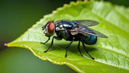 Close-up of a metallic blue fly on a vibrant green leaf