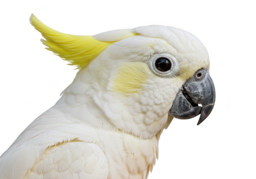 Majestic white cockatoo bird portrait with yellow crest isolated on transparent background