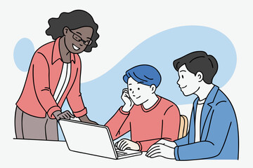 business people working together. Teacher helping students with a laptop in a classroom, vector design. Office group work vector . People working on leptop in group.