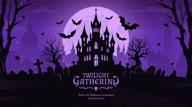 Happy halloween banner or party invitation background with violet fog clouds and pumpkins	