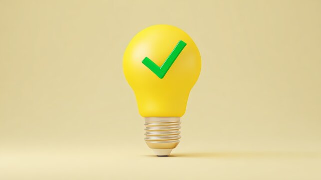 Innovation light bulb yellow green checkmark success idea approved creative solution concept thinking problem solving bright verification


