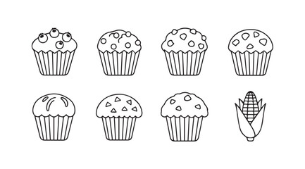 Collection of eight hand drawn cupcakes and one corn cob silhouette