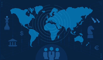 Geopolitics World Map with Global Strategy Icons. Trade, Diplomacy, Currency, and Technology Concept. Vector Template Background