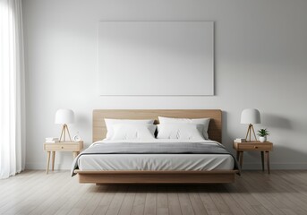 Scandinavian bedroom with wooden bed and blank white wall perfect for mockup and interior decor