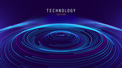 Obraz na płótnie Canvas Abstract Digital Technology. Circles Data Flow. Futuristic Circular Sound Wave. Big Data Visualization. 3D Virtual Space VR Cyberspace. Crypto Currency Blockchain Concept. Vector Illustration.