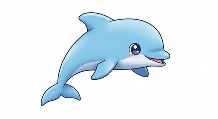 Fototapeta premium 白い背景で笑顔で泳ぐ水色の可愛いイルカイラスト優しい光と明るい表情が特徴のキュートな動物デザイン. AI Generated