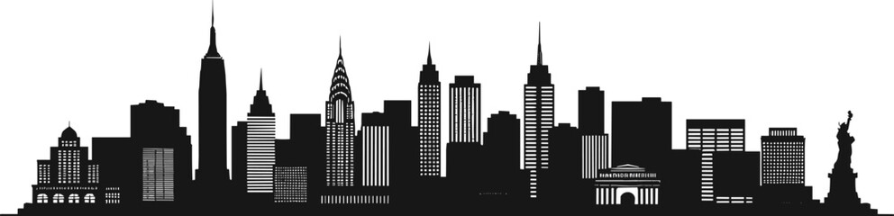 Fototapeta premium PrintNew York City skyline silhouette, Manhattan architecture, Empire State Building, Chrysler Building, Statue of Liberty, urban landmark, travel destination, USA