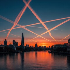 Obraz premium London's skyline at sunset with airplane trails painting the sky above