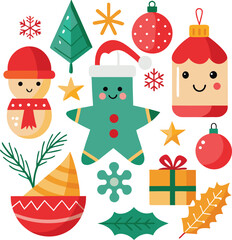 Vector art of cute flat design christmas elements including a snowman, gingerbread man, christmas tree, baubles, gift box, and snowflakes
