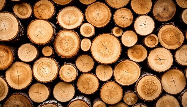 Stacked wood logs, circular cross-sections