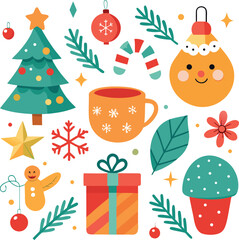 Vector art of a collection of cute christmas icons including a gingerbread man, christmas tree, gift box, candy cane, snowflake, and festive ornaments, all isolated on a