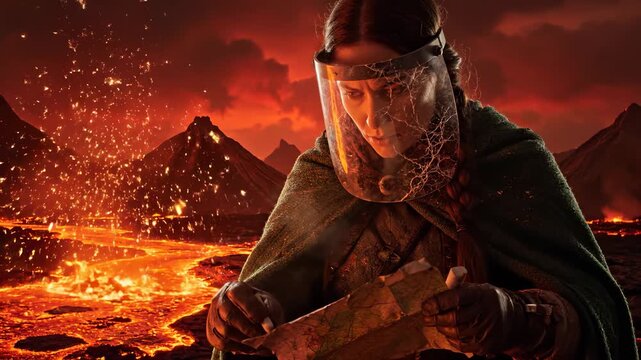 Examining map near volcano site. Explorer studies route while lava flows. Eruption rumbles in mountain. Protective shield and visor show damage. Cloak and gear suggest rugged survival and adventure.