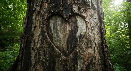 Tree trunk with heart carving in a forest sunlight romance concept