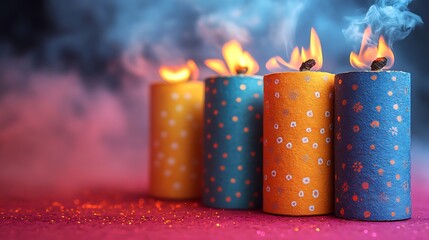 Four festive birthday candles burning brightly with smoke effects
