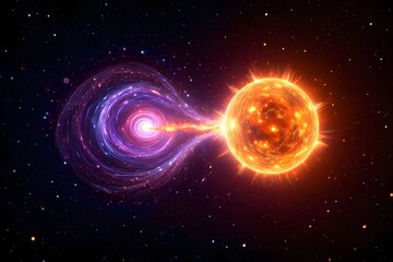 Naklejka premium Star and black hole collision in space showing energy transfer and gravitational pull
