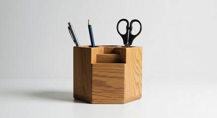 柔らかな光がデスクを照らす木製六角形ペン立てにペン鉛筆ハサミが整然と収まる. AI Generated