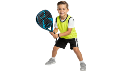 Young boy practicing paddle tennis on a sunny day in a sports court