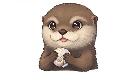 キラキラした瞳で貝殻を抱きしめる可愛いカワウソの動物キャラクターイラスト白背景. AI Generated