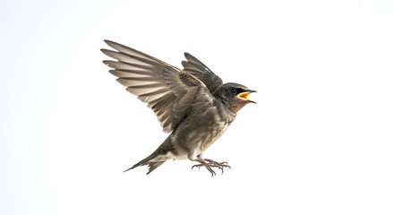 純白の背景に鮮明に浮かび上がるツバメの幼鳥 力強く翼を広げ餌をねだるかのように口を開けた姿に明るい光が生命の躍動を映し出す. AI Generated