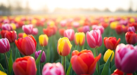 柔らかな春の夕日に包まれきらめく色とりどりのチューリップ畑 暖かな光が咲き誇る花びらを優しく照らし生命の息吹を感じさせる幻想的な光景. AI Generated