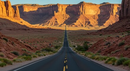 Road perspective leading toward towering rock formations under warm sunlight creating dramatic shadows