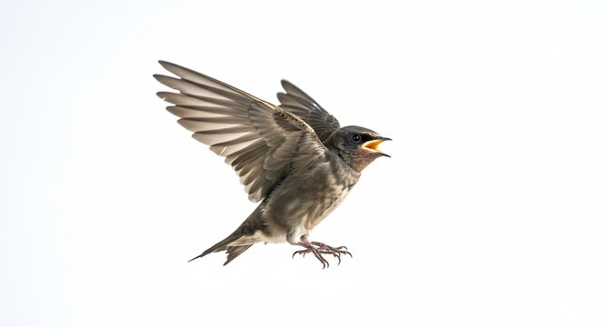 純白の背景に鮮明に浮かび上がるツバメの幼鳥 力強く翼を広げ餌をねだるかのように口を開けた姿に明るい光が生命の躍動を映し出す. AI Generated - Powered by Adobe
