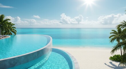Tropical beach scene with infinity pool and ocean view under bright sunlight
