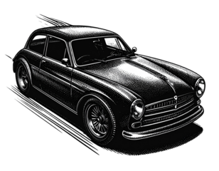  Dynamic Angled Halftone Car Sketch, Retro Vehicle Illustration with Motion Effect, Isolated
