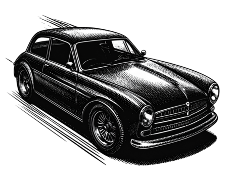 Dynamic Angled Halftone Car Sketch, Retro Vehicle Illustration with Motion Effect, Isolated