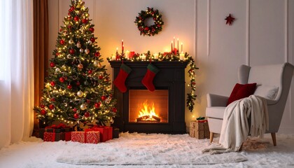 Fototapeta premium Cozy Christmas interior with tree, fireplace, stockings, gifts, and snowy window view.