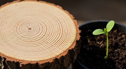 深く刻まれた年輪と力強く芽吹く新芽 自然の壮大な生命の循環を明るい光が優しく包み込む. AI Generated
