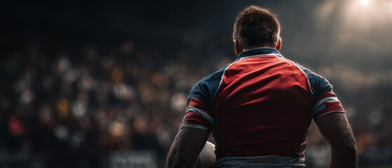 Rugby player back view, stadium crowd