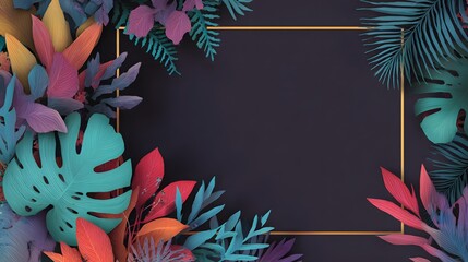 Obraz premium Vibrant tropical foliage frames a dark square space