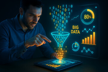Data scientist analyzing big data funnel with binary code and digital visualization