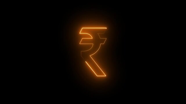 Animated Neon Indian Rupee Symbol. Indian Rupee Sign Isolated On Black Background, The Indian Rupee Is The Currency Of India.