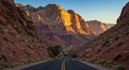 Road through a dramatic mountain landscape illuminated by golden sunlight with winding path